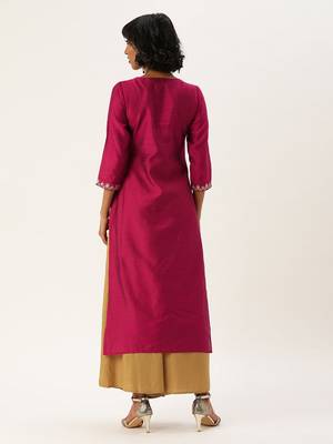Women Magenta Pink Yoke Design Straight Kurta 3
