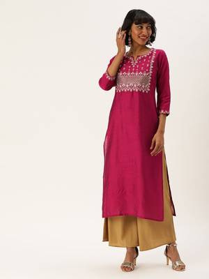 Women Magenta Pink Yoke Design Straight Kurta 4