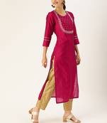 Women Magenta & White Embellished Straight Kurta
