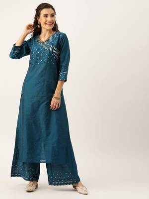 Women Teal Blue Sequined Yoke Design Angrakha Kurta With Palazzos 1