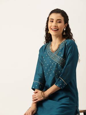 Women Teal Blue Sequined Yoke Design Angrakha Kurta With Palazzos 2