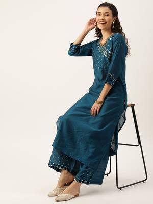 Women Teal Blue Sequined Yoke Design Angrakha Kurta With Palazzos 3