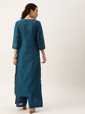 Women Teal Blue Sequined Yoke Design Angrakha Kurta With Palazzos 4