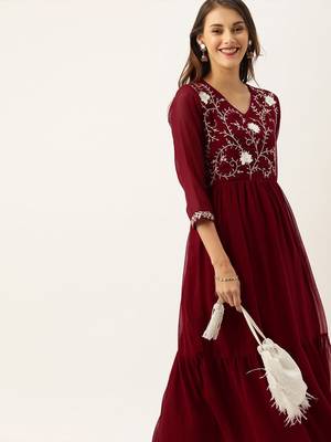 women maroon embroidered anarkali kurta 1