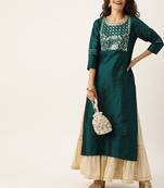 Women Green & Silver Toned Yoke Design Straight Kurta