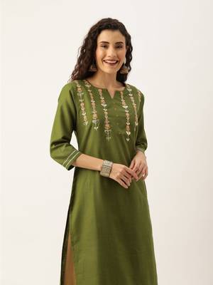 Women Olive Green & Peach Coloured Solid Straight Kurta With Embroidered Details 1