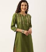 Women Olive Green & Peach Coloured Solid Straight Kurta With Embroidered Details