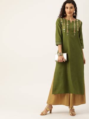 Women Olive Green & Peach Coloured Solid Straight Kurta With Embroidered Details 2