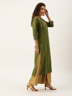 Women Olive Green & Peach Coloured Solid Straight Kurta With Embroidered Details 3