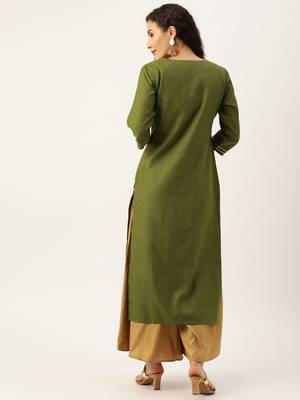 Women Olive Green & Peach Coloured Solid Straight Kurta With Embroidered Details 5