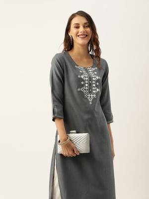 Women Grey Yoke Design Mirror Work Straight Kurta 1