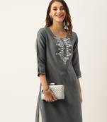 Women Grey Yoke Design Mirror Work Straight Kurta