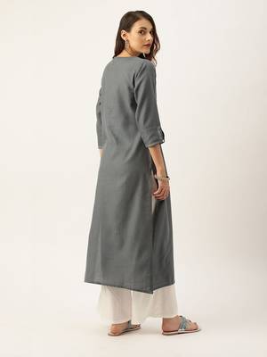 Women Grey Yoke Design Mirror Work Straight Kurta 3