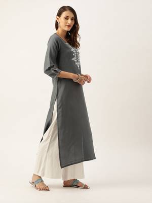 Women Grey Yoke Design Mirror Work Straight Kurta 4