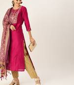 Women Magenta & Beige Embroidered Straight Kurta