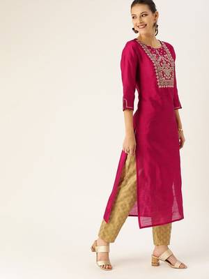 Women Magenta & Beige Embroidered Straight Kurta 2