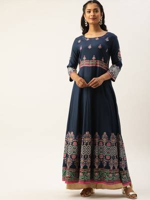 Women Navy Blue & Pink Printed Anarkali Kurta 1