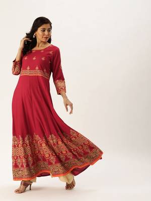 Women Maroon Printed Anarkali Kurta 5