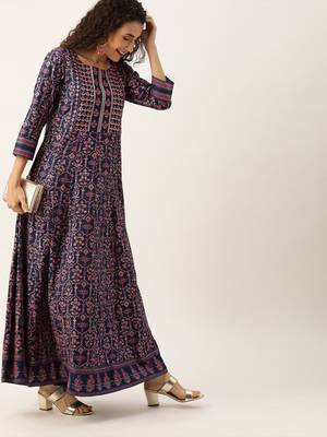 Women Navy Blue & Pink Floral Printed A Line Kurta With Embroidery 1