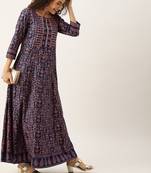 Women Navy Blue & Pink Floral Printed A Line Kurta With Embroidery