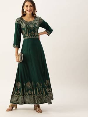 Women Green & Gold Toned Printed A Line Kurta 1