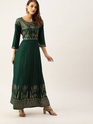 Women Green & Gold Toned Printed A Line Kurta 2