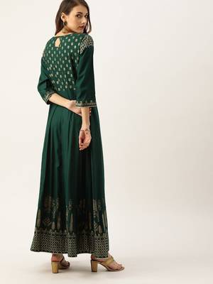 Women Green & Gold Toned Printed A Line Kurta 3