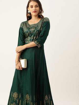 Women Green & Gold Toned Printed A Line Kurta 5