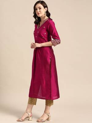 Women Magenta Pink & Gold Coloured Embroidered Kurta With Trousers & Dupatta 2