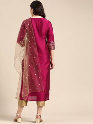 Women Magenta Pink & Gold Coloured Embroidered Kurta With Trousers & Dupatta 3