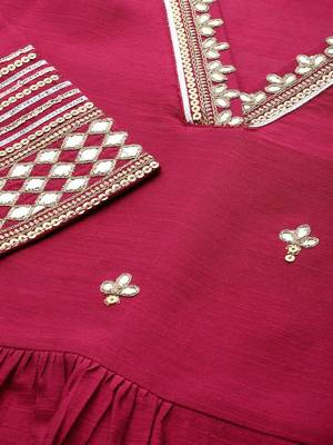 Women Magenta Pink & Gold Coloured Embroidered Kurta With Trousers & Dupatta 4