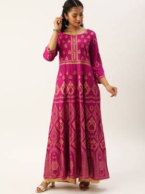 Women Magenta Pink & Gold Toned Printed Anarkali Kurta 1