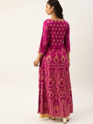 Women Magenta Pink & Gold Toned Printed Anarkali Kurta 5