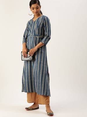Women Blue & Off White Striped A Line Kurta 1