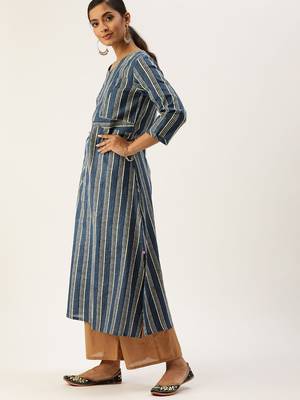 Women Blue & Off White Striped A Line Kurta 2