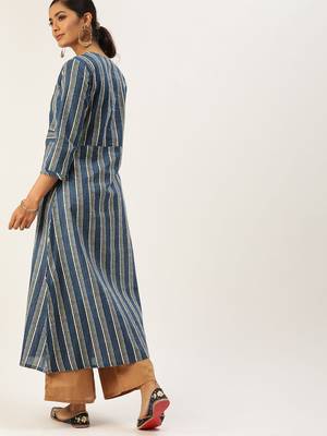 Women Blue & Off White Striped A Line Kurta 3