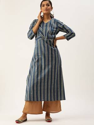 Women Blue & Off White Striped A Line Kurta 5