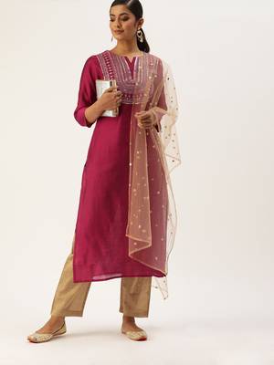 Women Magenta Pink & Beige Sequined Yoke Design Kurta With Trousers & Dupatta 1