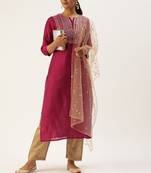 Women Magenta Pink & Beige Sequined Yoke Design Kurta With Trousers & Dupatta
