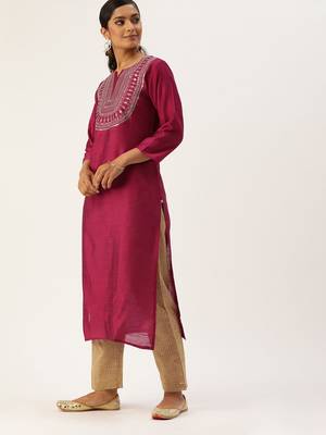 Women Magenta Pink & Beige Sequined Yoke Design Kurta With Trousers & Dupatta 2