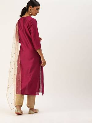 Women Magenta Pink & Beige Sequined Yoke Design Kurta With Trousers & Dupatta 3