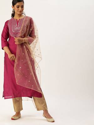 Women Magenta Pink & Beige Sequined Yoke Design Kurta With Trousers & Dupatta 5