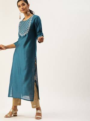 Women Teal Blue Yoke Design Straight Kurta With Sequins 1