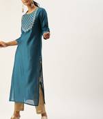 Women Teal Blue Yoke Design Straight Kurta With Sequins