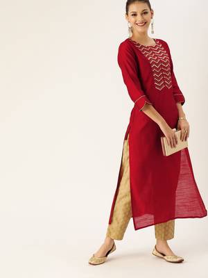 Women Maroon & Green Solid Straight Kurta 1