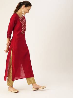 Women Maroon & Green Solid Straight Kurta 3