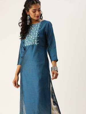 Women Teal Blue Yoke Design Straight Kurta 2