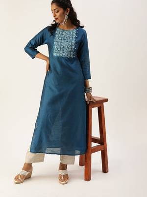 Women Teal Blue Yoke Design Straight Kurta 1