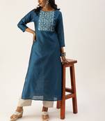 Women Teal Blue Yoke Design Straight Kurta