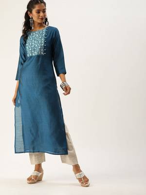 Women Teal Blue Yoke Design Straight Kurta 5